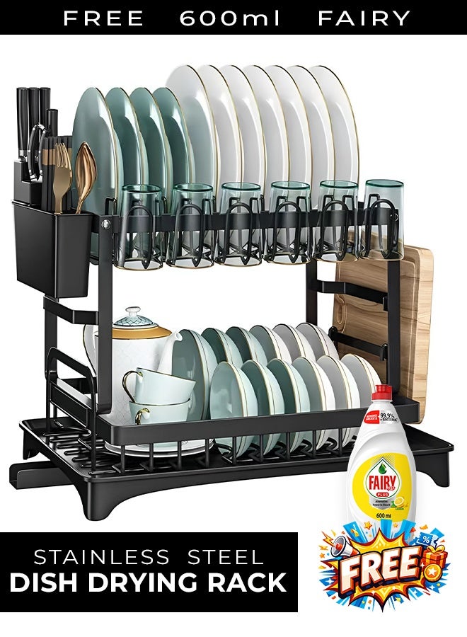 Eworld 2-Tier Stainless Steel Dish Drying Rack, Kitchen Dish Drainer with Utensil, Cup & Cutting Board Holder, Rustproof Countertop Organizer, Black + Free 600ml Fairy - Image 1